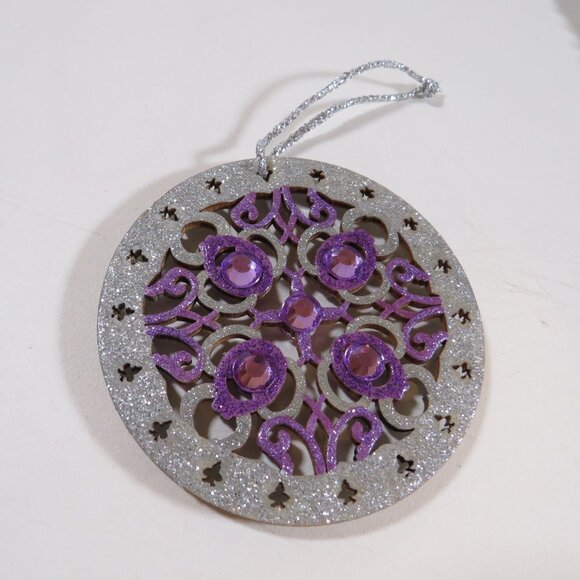 Silver & Purple Circle Medallion Laser Cut Wooden Ornament w Rhinestones Hangs - Picture 3 of 7